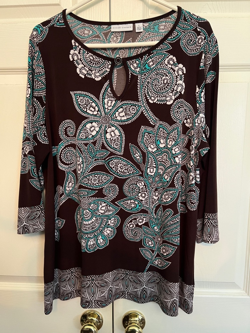 Susan Graver  Large Brown, Teal & White Floral Paisley Keyhole Tunic